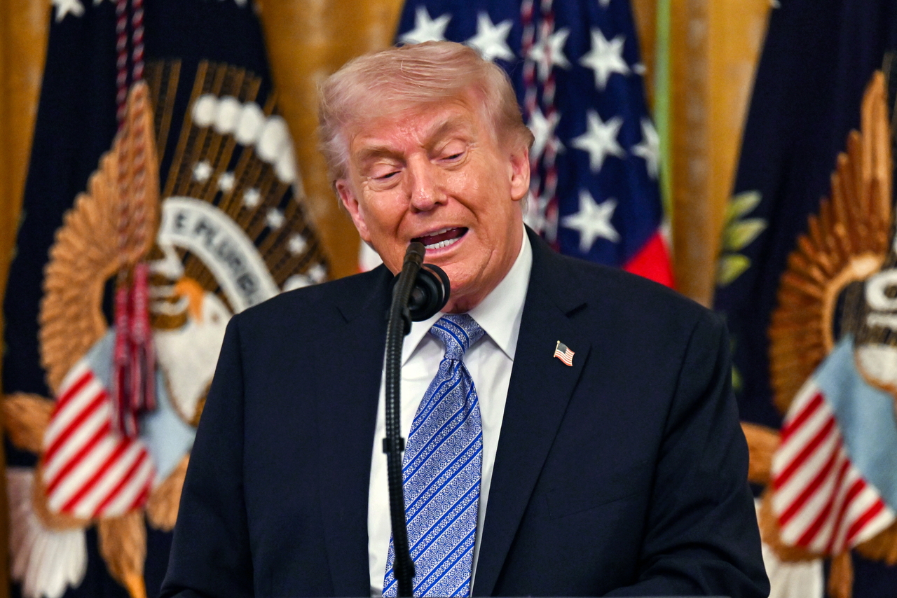 US President Donald Trump departs a summit with small business owners marking National Small Business Week in the East Room of the White House in Washington, May 4, 2026.  (EPA-Yonhap)