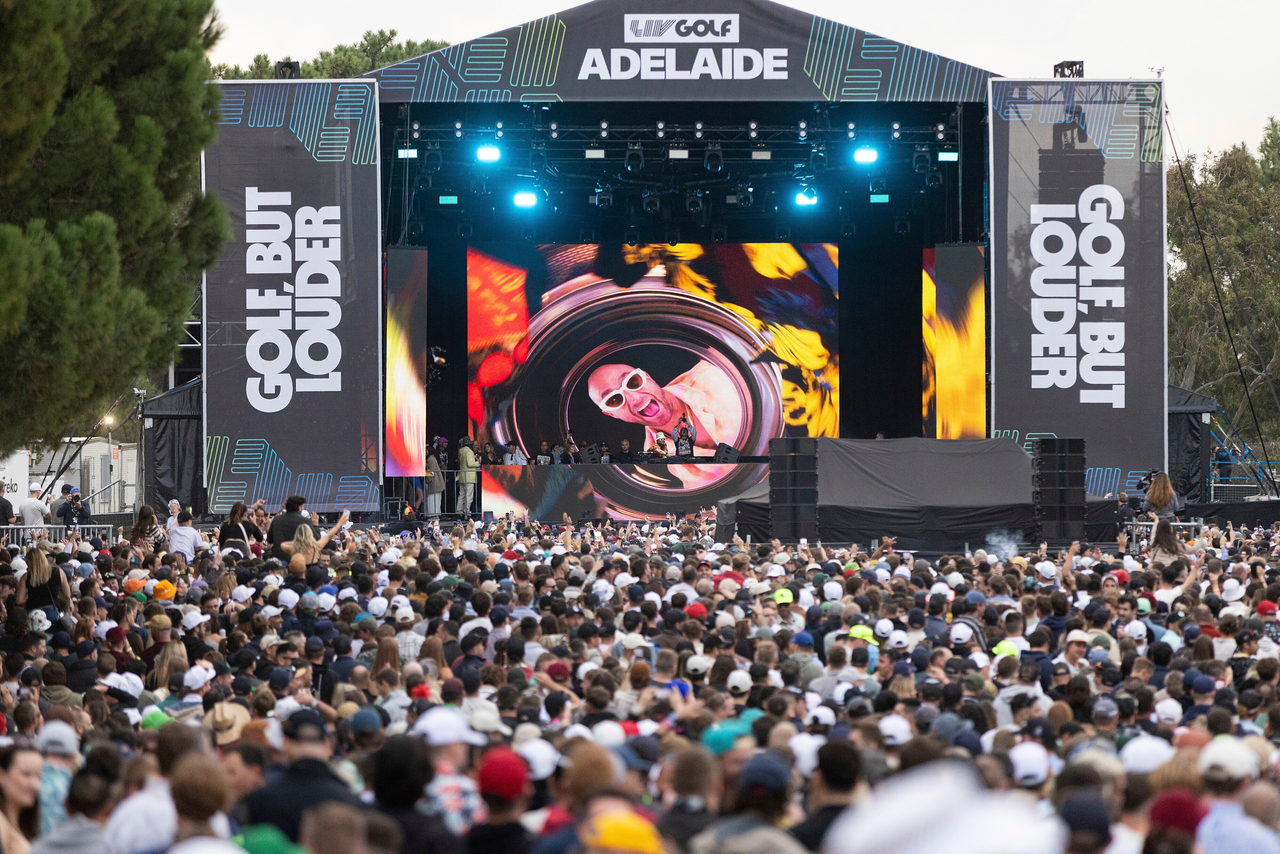 Performers sing on stage after the 2nd round of LIV Golf Adelaide, at the Grange Golf Club in Adelaide, Australia, April 27, 2024.   (AP-Yonhap)