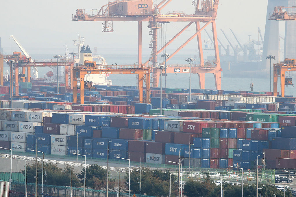 Cranes and shipping containers are seen at the Port of Pyeongtaek in April 2025, in Pyeongtaek, Gyeonggi Province. (Getty Images)