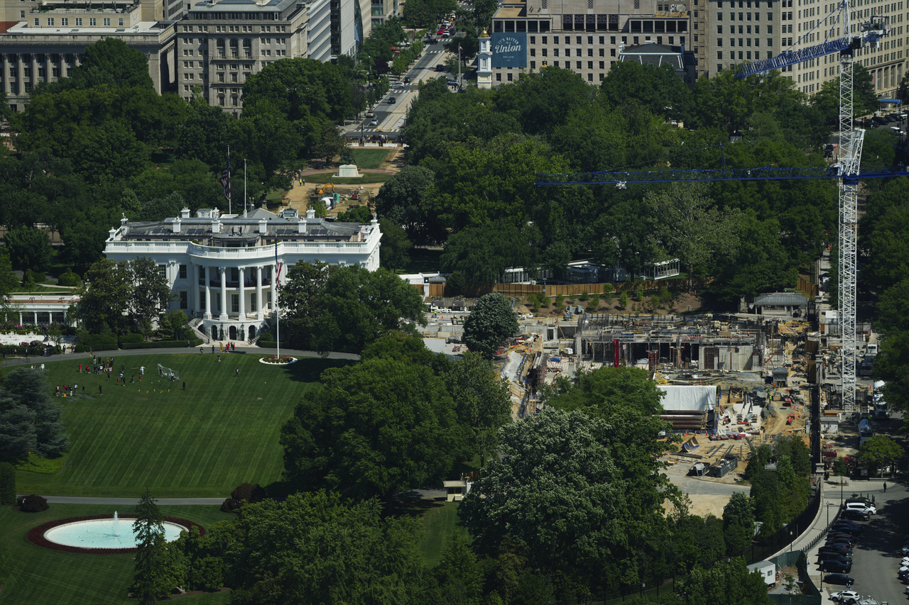 Construction on the new White House ballroom is seen from the Washington Monument, Tuesday. (AP-Yonhap)