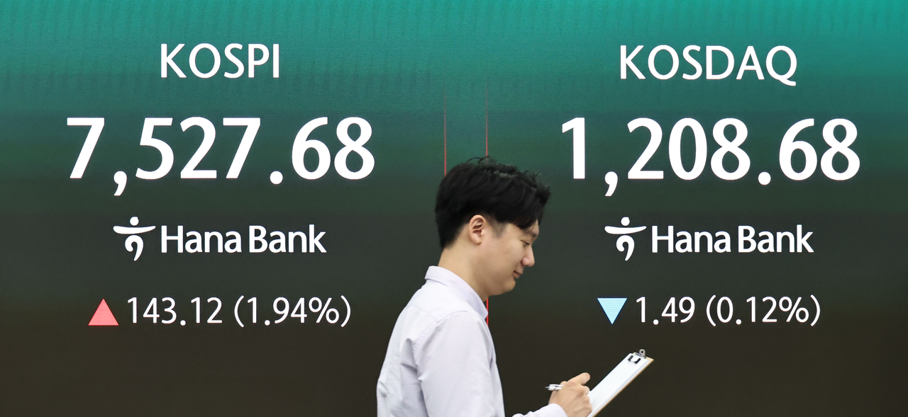 An electronic board showing the Korea Composite Stock Price Index at a dealing room of the Hana Bank headquarters in Seoul on Thursday. ()