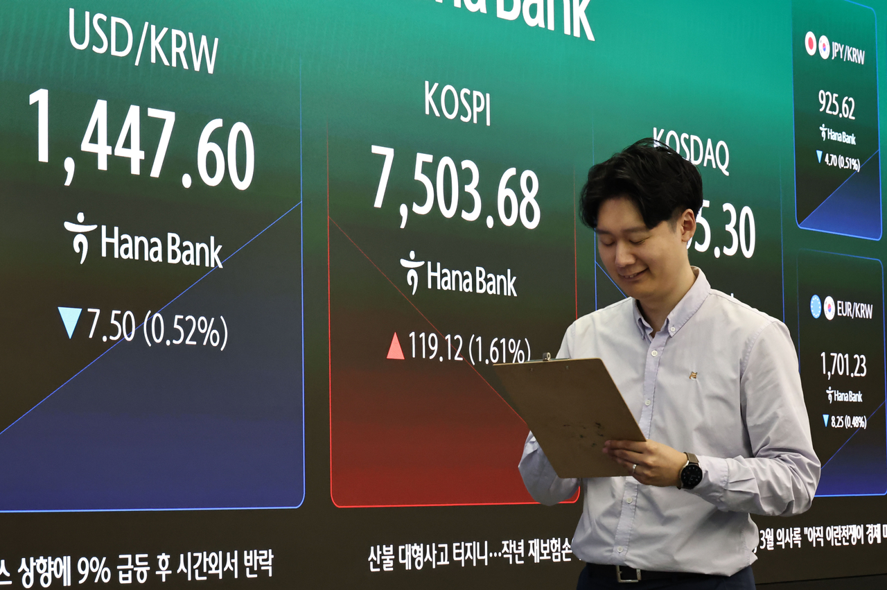 An electronic board showing the Korea Composite Stock Price Index at a dealing room of the Hana Bank headquarters in Seoul on Thursday. (Yonhap)
