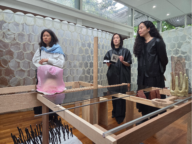 Binna Choi, curator of the Korean Pavilion for the Venice Biennale, artist Choi Go-en and artist Ro Hye-ree speak to the press in Venice, Italy, Wednesday. (Park Yuna/The Korea Herald)