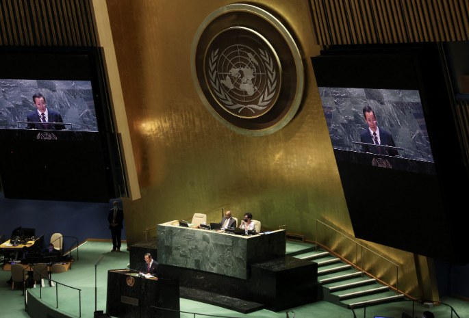 North Korea's Ambassador to the United Nations Kim Song speaks during a meeting of the UN General Assembly after China and Russia vetoed new sanctions on North Korea in the UN Security Council, at UN headquarters in New York in June 2022. (Reuters via Yonhap)