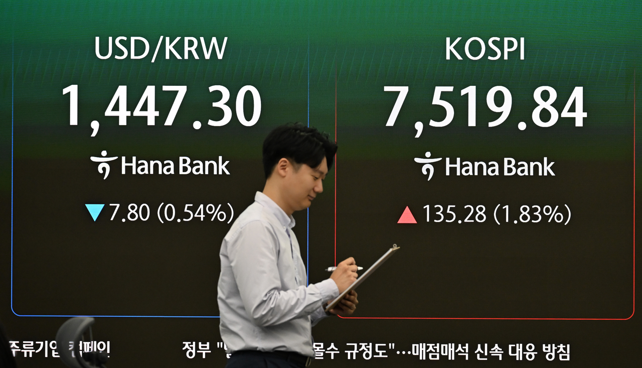 A financial data screen in a Hana Bank dealing room in Seoul shows the benchmark Kospi at 7,519.84, Thursday. (Yoon Chang-bin/The Korea Herald)