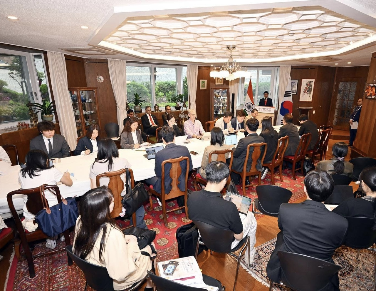 Indian Ambassador to Korea Gouranga Lal Das interacts with reporters in Seoul at a press briefing on Thursday. (Embassy of India in Seoul)