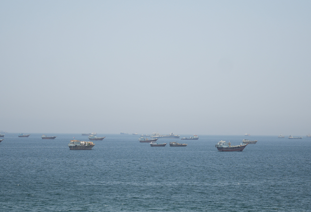Vessels in the Strait of Hormuz, Musandam, Oman, on Friday (Reuters)