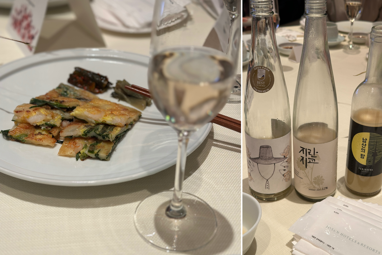 Seafood scallion pancake and mustard leaf kimchi paired with Samyangchun ‘Oh My God’ Sparkling Makgeolli (left), the first three traditional liquor selections (right). (Tammy Park/The Korea Herald)
