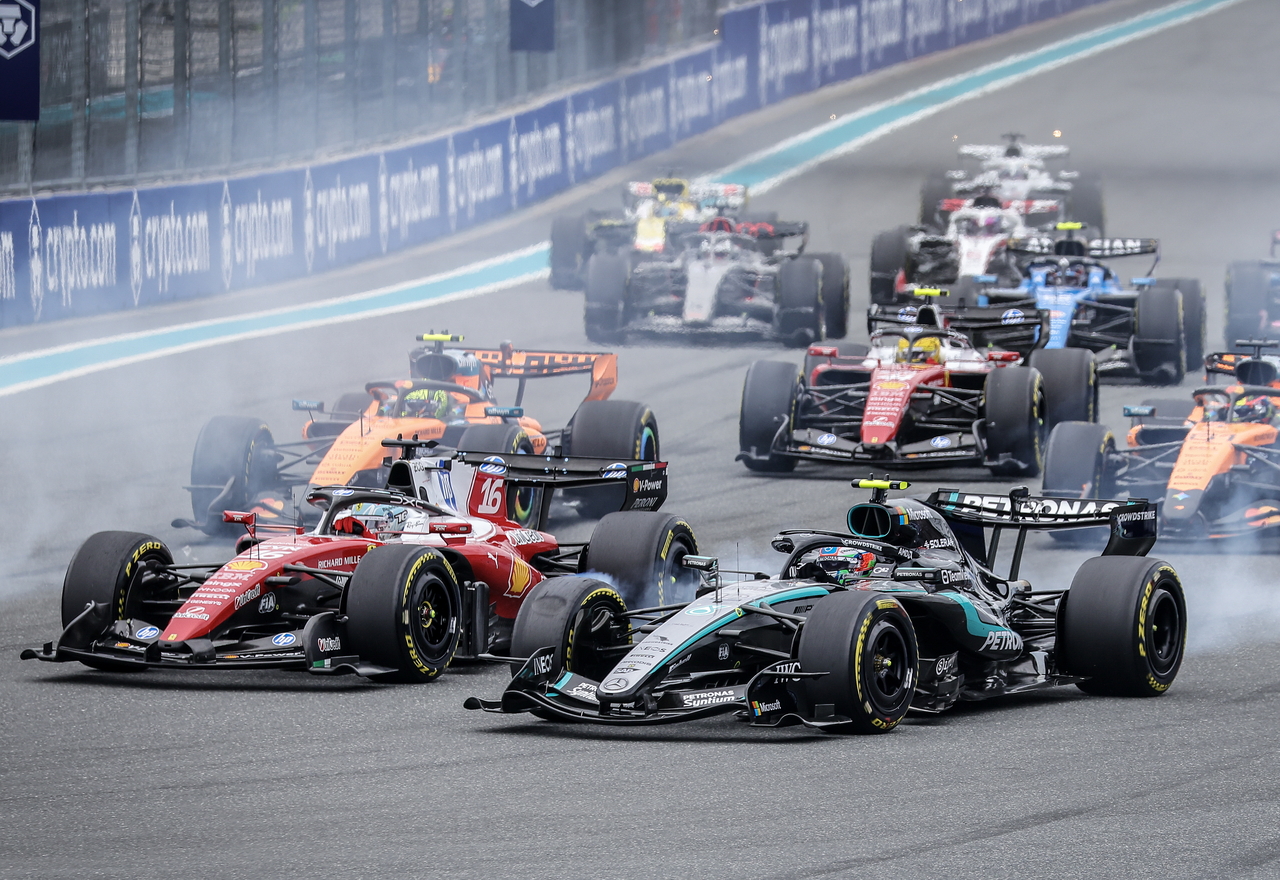 Mercedes driver Andrea Kimi Antonelli of Italy (right) and Scuderia Ferrari driver Charles Leclerc of Monaco compete in the Formula 1 Miami Grand Prix at the Miami International Autodrome in Miami Gardens, Florida, May 3. (EPA)