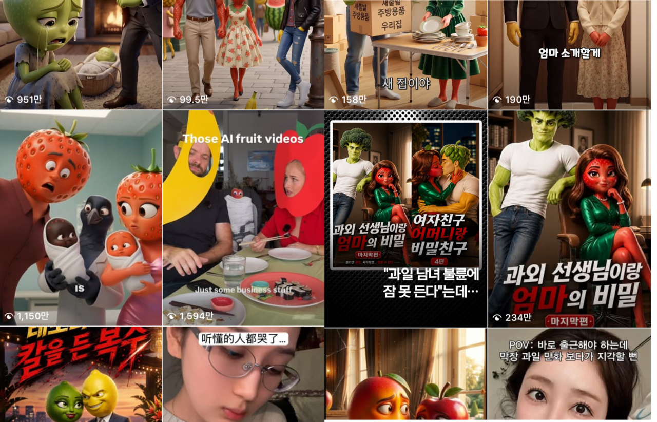 Screenshot of search results on Instagram for AI-generated fruit video series (Instagram)