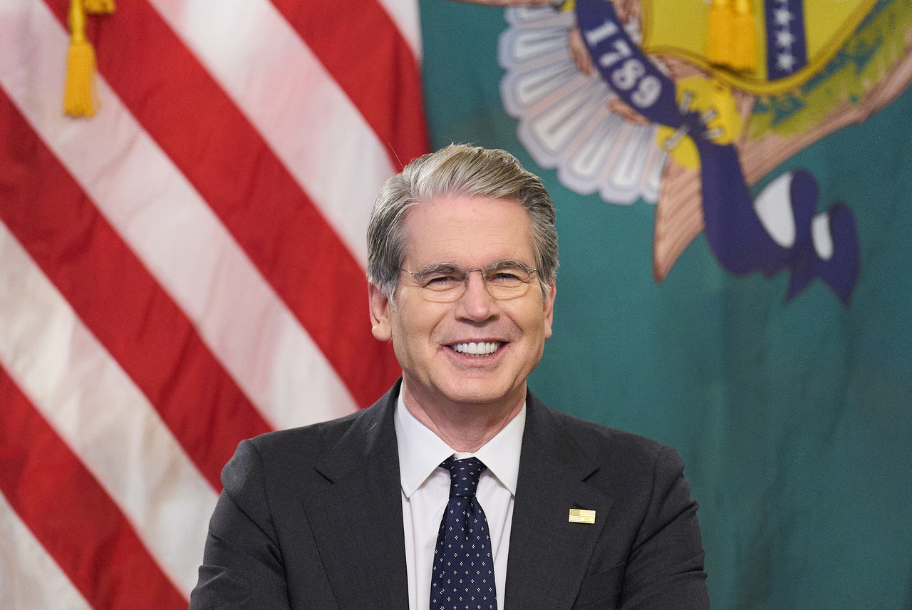 US Treasury Secretary Scott Bessent meets with members of the Association of Mature American Citizens about financial literacy on April 29 at the Treasury Department in Washington. (AP)