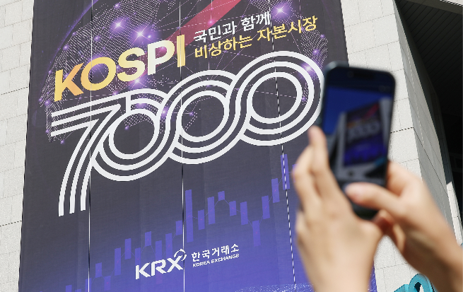 A poster celebrating the Kospi's rise above 7,000 points hangs at the Korea Exchange headquarters in Seoul on Wednesday. (Yonhap)