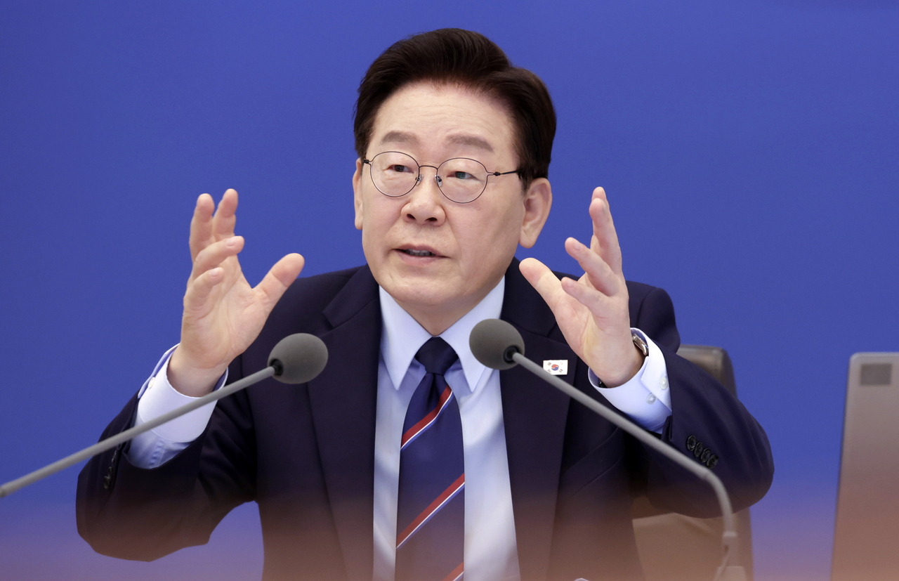 President Lee Jae Myung speaks during a Cabinet meeting at Cheong Wa Dae in Seoul on Tuesday. (Yonhap)