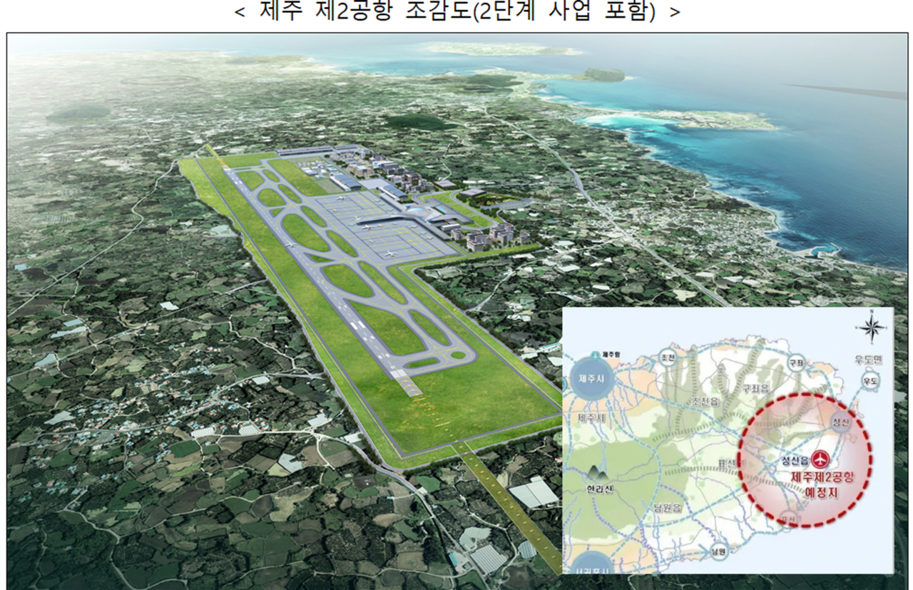 A bird’s-eye view rendering of the planned second airport in Jeju Island and a map showing its location (Ministry of Land, Infrastructure and Transport)