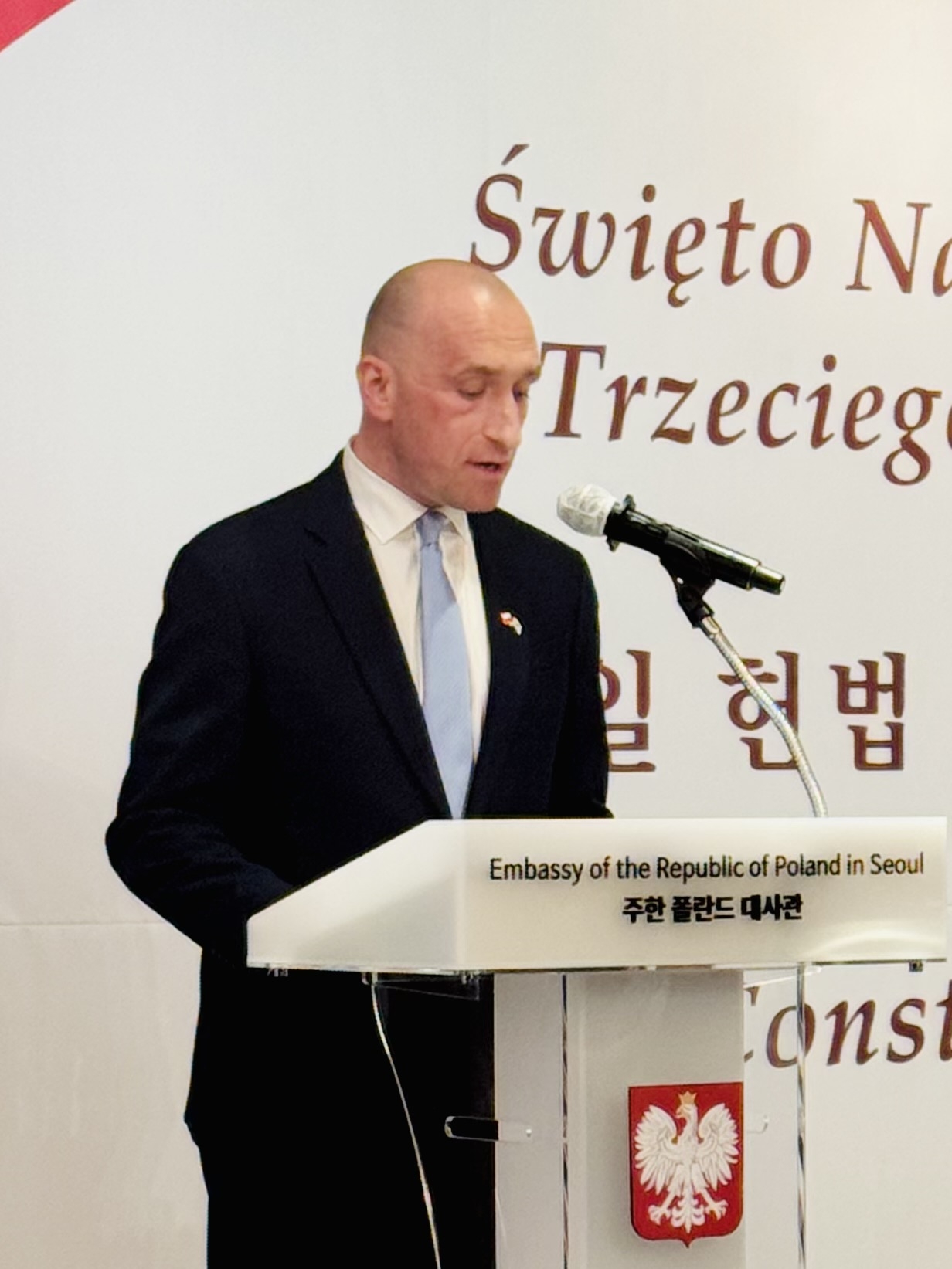 Polish Ambassador to Korea Wisniewski Bartosz speaks at the Polish Constitution Day commemoration in Seoul on Tuesday. (Sanjay Kumar/The Korea Herald)