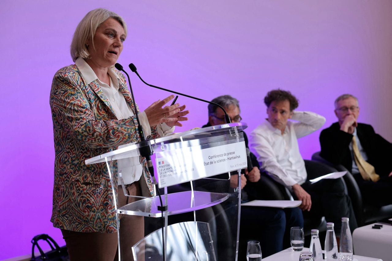 France's Health Minister Stephanie Rist (left) speaks during a press conference to assess the situation regarding the hantavirus, in Paris, Tuesday. (AFP-Yonhap)