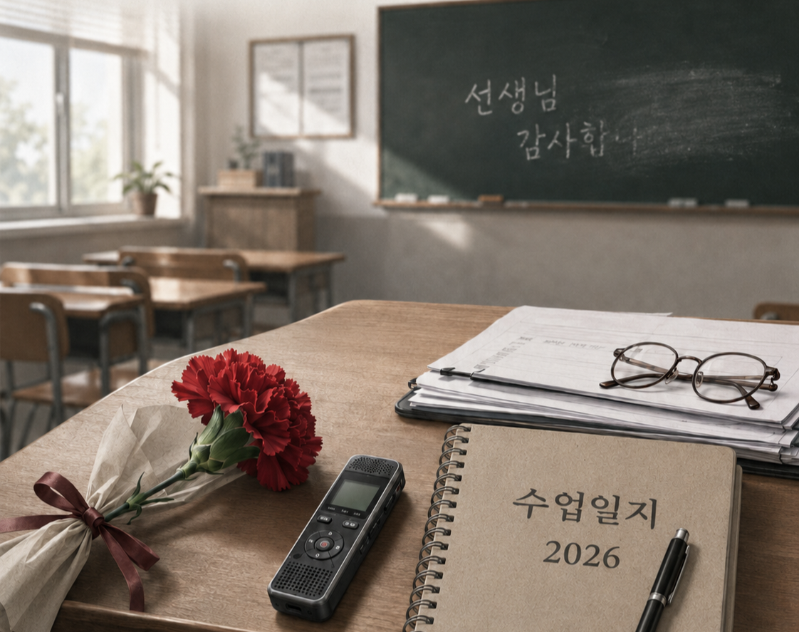 교단 앞에 카네이션과 함께 녹음기가 올라간 모습. [챗GPT로 제작]