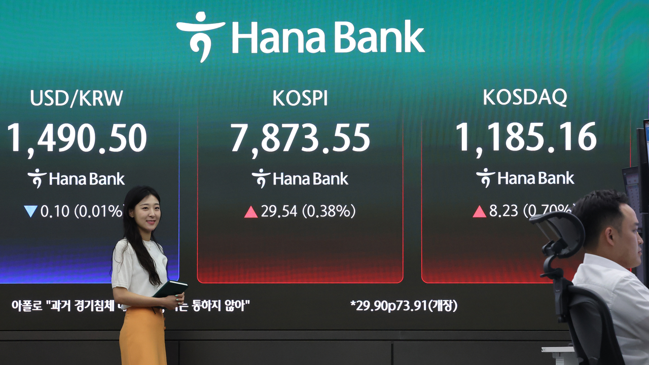 An electronic board showing the Korea Composite Stock Price Index at a dealing room of the Hana Bank headquarters in Seoul on Thursday. (Yonhap)