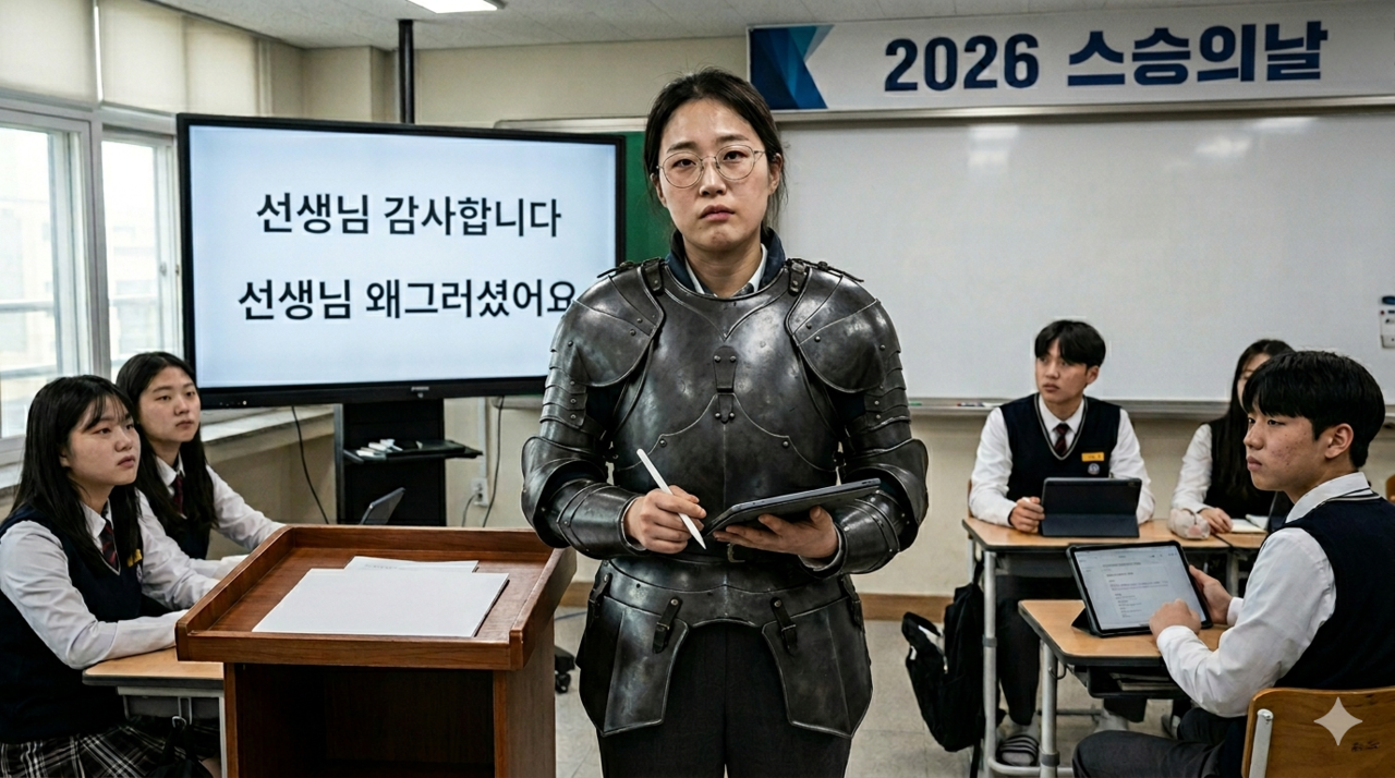 현직 교사가 스승의날을 앞두고 출근하는 자신의 모습을 ‘갑옷을 두르고 있는 모습’이라고 표현한 모습을 AI로 제작한 그림. [제미나이로 제작]