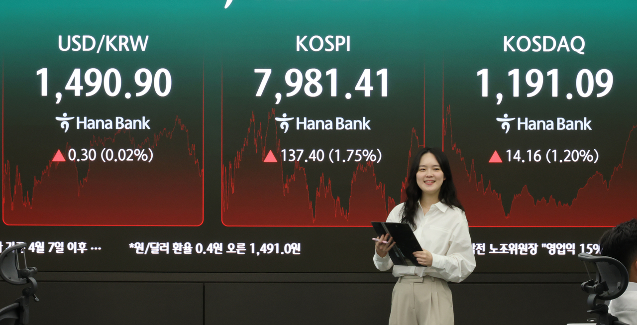 An electronic board showing the Korea Composite Stock Price Index at a dealing room of the Hana Bank headquarters in Seoul on Thursday. (Yonhap)