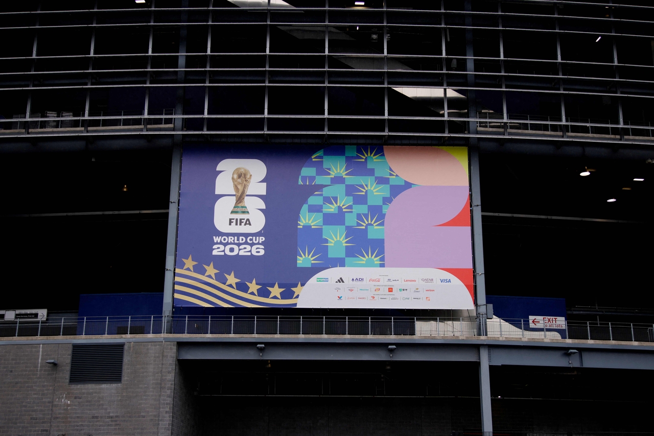 A FIFA World Cup 2026 banner is displayed at the MetLife Stadium in East Rutherford, New Jersey, Saturday.   (AFP-Yonhap)