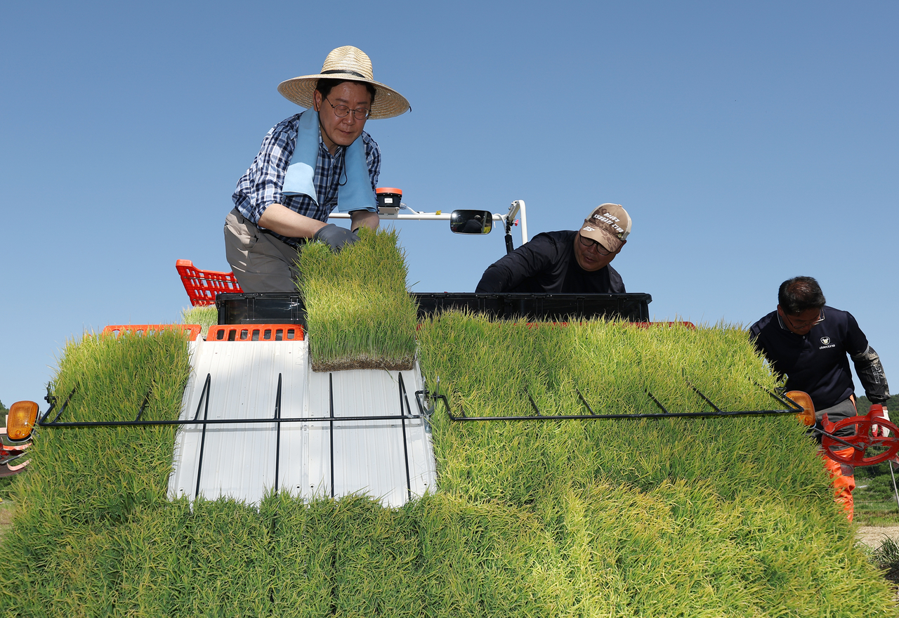 South Korean President Lee Jae Myung transfers rice seedlings using a rice transplanter during a rice planting event in Sobo Myeon, Gunwi County, Daegu, Friday (Yonhap)