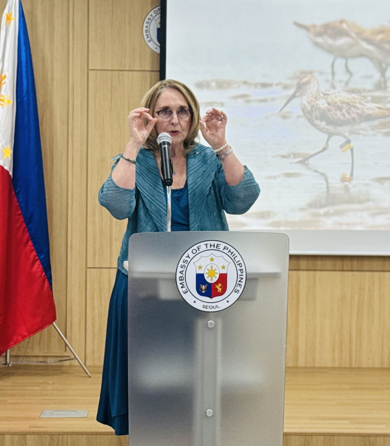 Jennifer George Chief Executive of the East Asian-Australasian Flyway Secretariat delivers remarks at an event commemorating World Migratory Bird Day in Seoul on Thursday.(Sanjay Kumar/The Korea Herald)