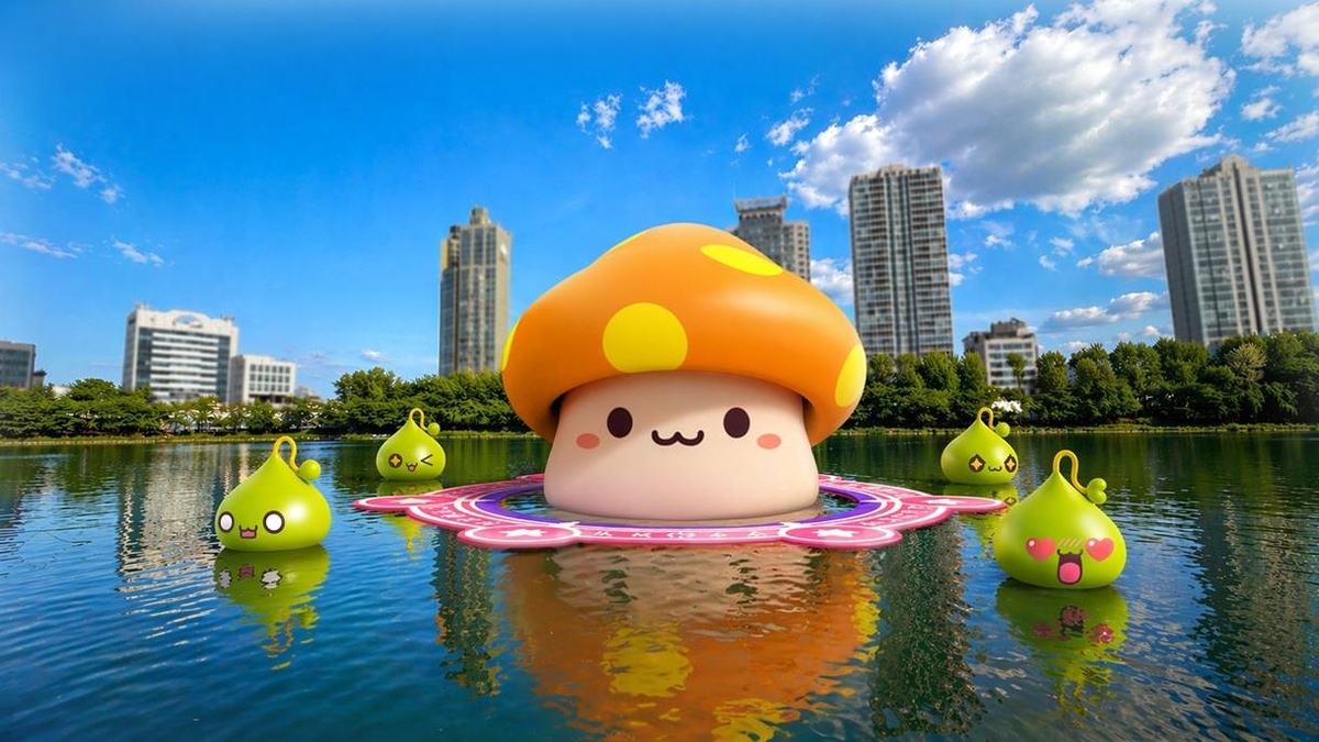 Orange Mushroom, center, and Slimes, iconic characters from Nexon’s MMORPG MapleStory, are seen on Seokchon Lake in southern Seoul in this rendered image. (Songpa-gu Office)