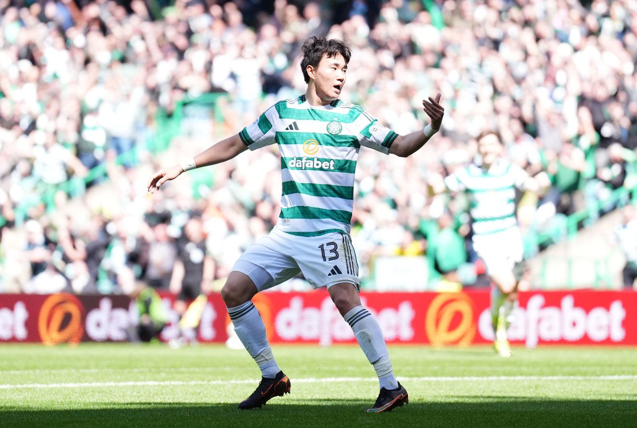 Yang Hyun-jun of Celtic celebrates after scoring a goal against Rangers in the clubs' Scottish Premiership match at Celtic Park in Glasgow on Sunday. (AP-Yonhap)