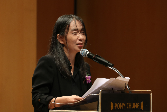 Han Kang speaks during the Pony Chung Innovation Award ceremony on Oct. 17, 2024, in Seoul. (Getty Images)