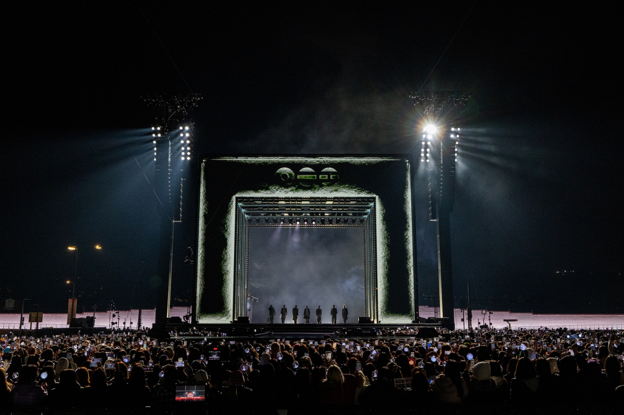 Members of BTS perform during their comeback concert at Gwanghwamun Square on Saturday. (Yonhap)