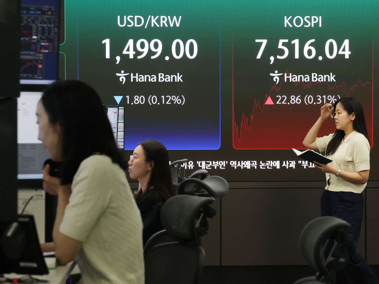 An electronic board showing the Korea Composite Stock Price Index at a dealing room of the Hana Bank headquarters in Seoul on Monday. (Yonhap)