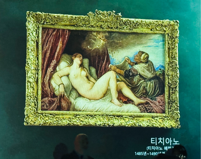 Titian’s “Danae” from the State Hermitage Museum collection in St. Petersburg, Russia, is displayed during a preview of “The Magnificent Hermitage” at Oil Tank Culture Park in Sangam-dong, Seoul, Momday. (Sanjay Kumar/The Korea Herald)