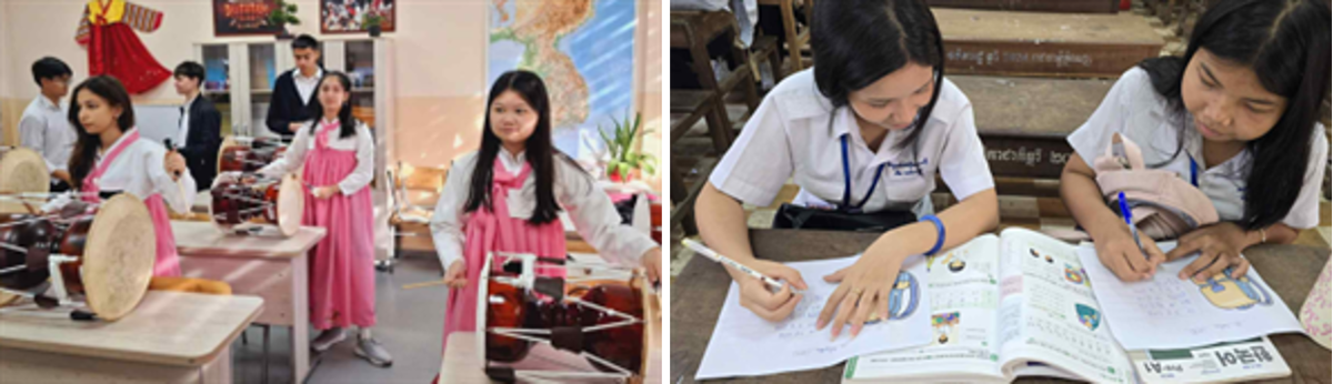 Uzbek students (left) wear hanbok and learn to play traditional Korean instruments, while Cambodian students (right) study Korean. (Ministry of Education)