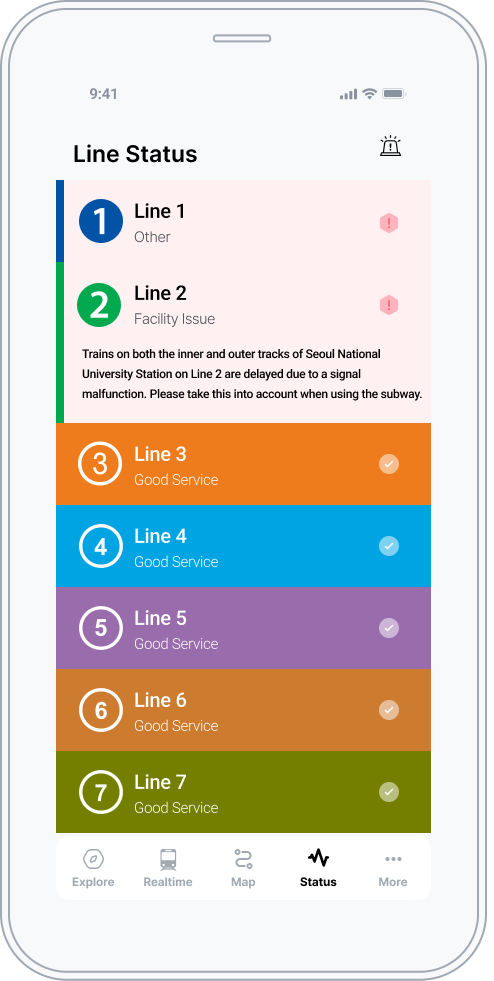 Seoul Subway app showing real-time route status and multilingual interface for foreign riders