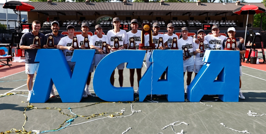 Kim Jang-jun (fourth from left) and the University of Virginia men's tennis team pose after winning the NCAA Division I title.  (University of Virginia)