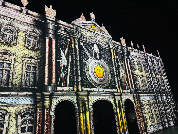 Projected art inspired by the Hermitage Museum’s collection is showcased to visitors of “The Magnificent Hermitage” digital exhibition at Oil Tank Culture Park in Sangam-dong, Seoul, Monday. (Sanjay Kumar/The Korea Herald)