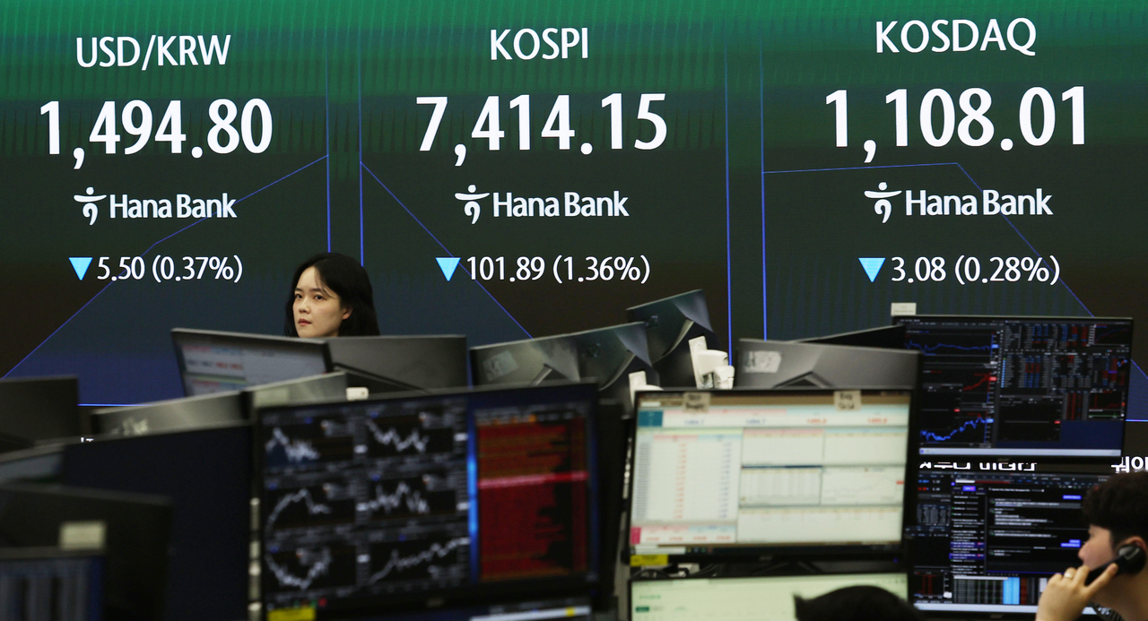 An electronic board showing the Korea Composite Stock Price Index at a dealing room of the Hana Bank headquarters in Seoul on Tuesday. (Yonhap)