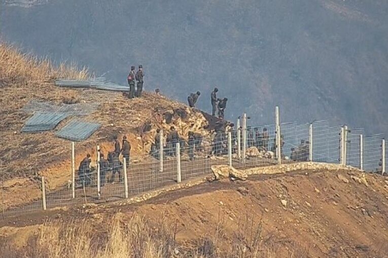 In this image released by the Joint Chiefs of Staff in March 2025, North Korean troops are seen conducting excavation and quarrying work on the eastern front, captured by South Korean military surveillance equipment. (Joint Chiefs of Staff)