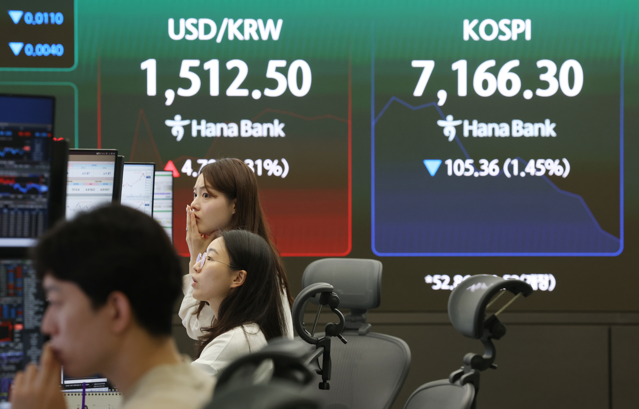 An electronic board showing the Korea Composite Stock Price Index at a dealing room of the Hana Bank headquarters in Seoul on Wednesday. (Yonhap)