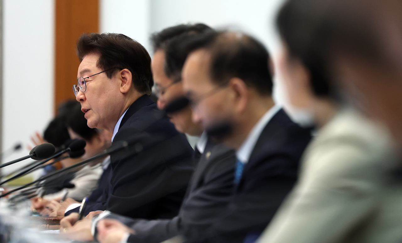 President Lee Jae Myung speaks during a Cabinet meeting at the presidential office Cheong Wa Dae in Seoul on Wednesday. (Yonhap)