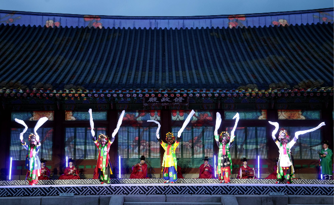 Members of the National Gugak Center perform "Cheoyongmu" during a final rehearsal at Gyeongbokgung, Seoul, Tuesday, ahead of the opening of the "Seeds of Sound." (National Gugak Center)