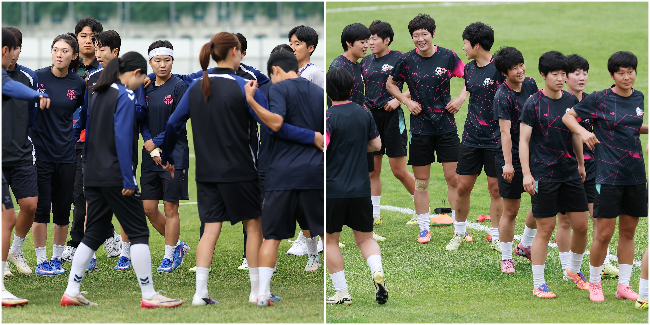 Suwon FC Women (left) and the Naegohyang Women’s FC practice at Suwon Stadium in Suwon, Gyeonggi Province, Tuesday, ahead of their Asian Champions League semifinal on Wednesday. (Yonhap)