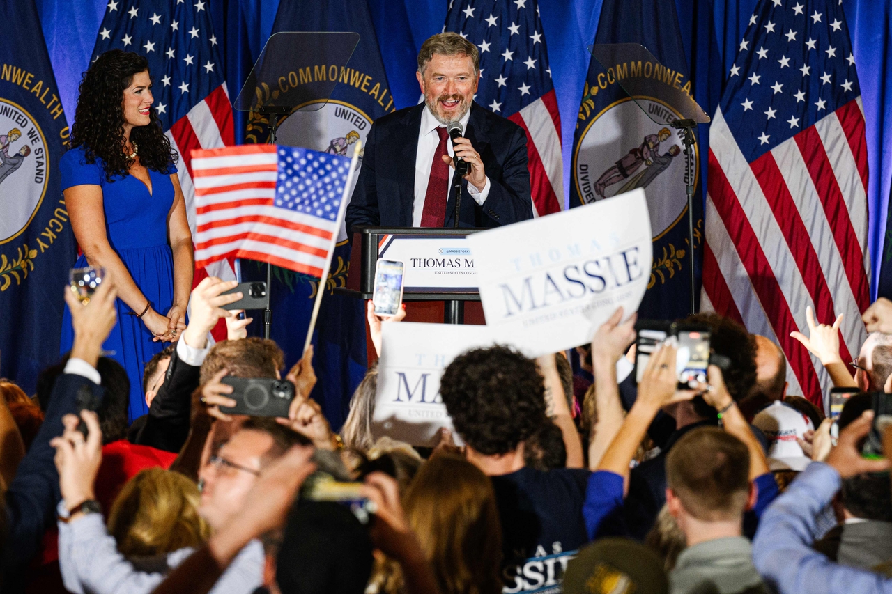 Rep. Thomas Massie gives his concession speech in Hebron, Kentucky, Tuesday. (AFP-Yonhap)
