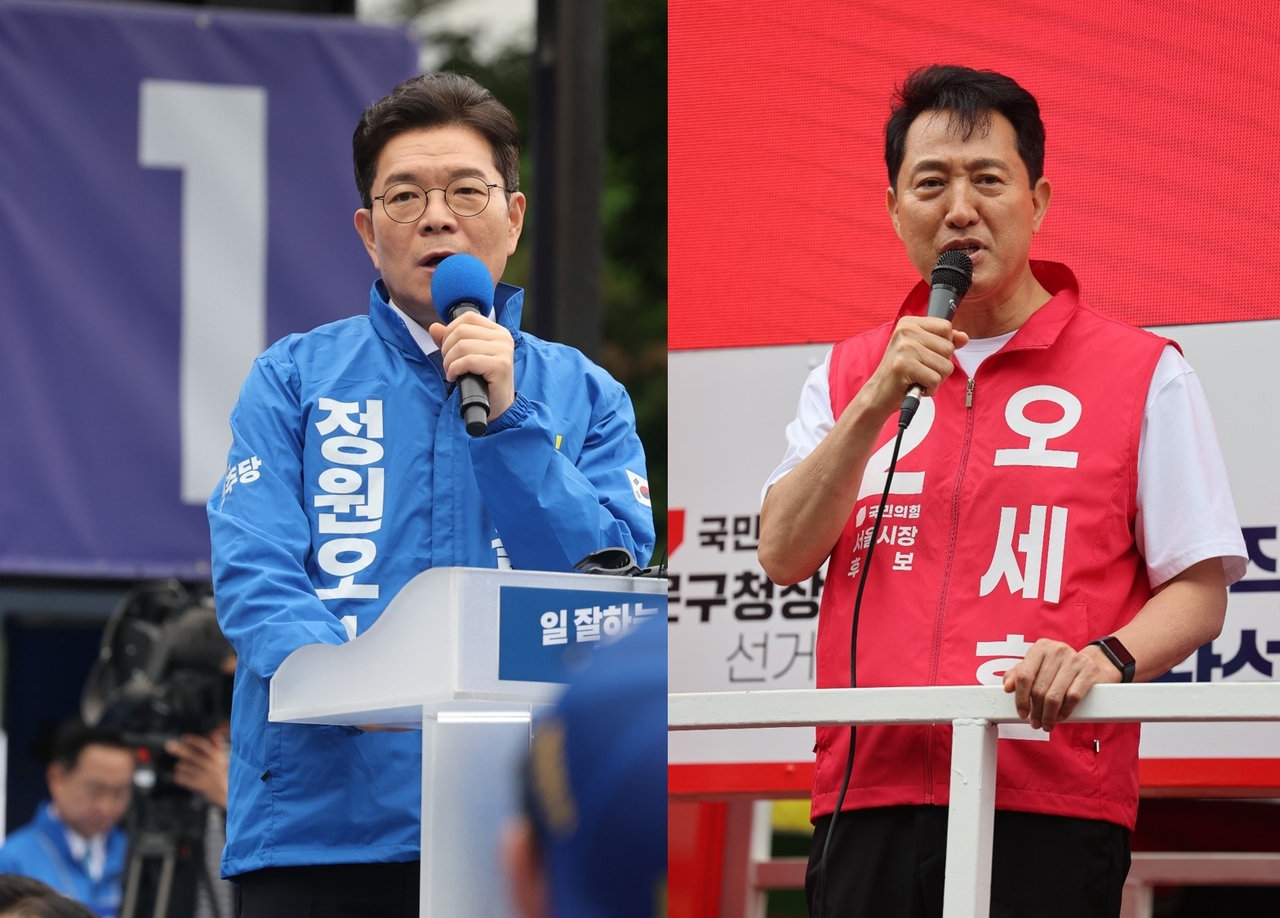Democratic Party's Seoul mayor candidate Chong Won-o (left) and People Power Party's candidate Oh Se-hoon (Yonhap)