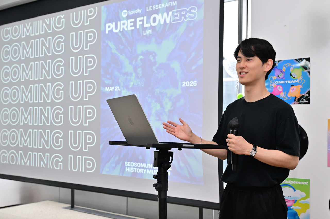 John Han, head of music at Spotify Korea, delivers a presentation during a press meeting in Seoul, Thursday. (Spotify)