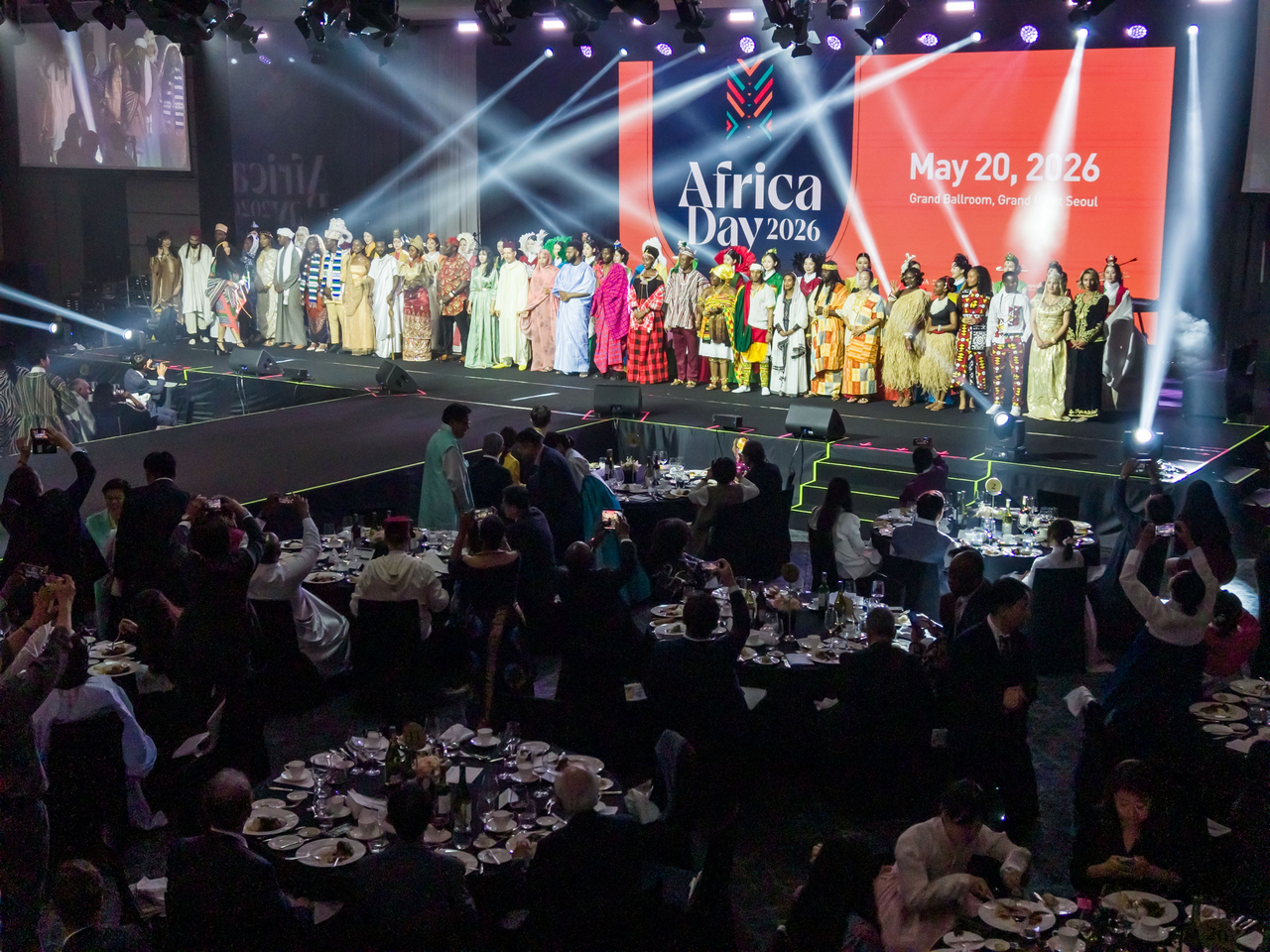 Country representatives in traditional costume stand on stage during the Africa Day 2026 event, held at the Grand Hyatt Seoul on Wednesday. (Im Se-jun/The Korea Herald)