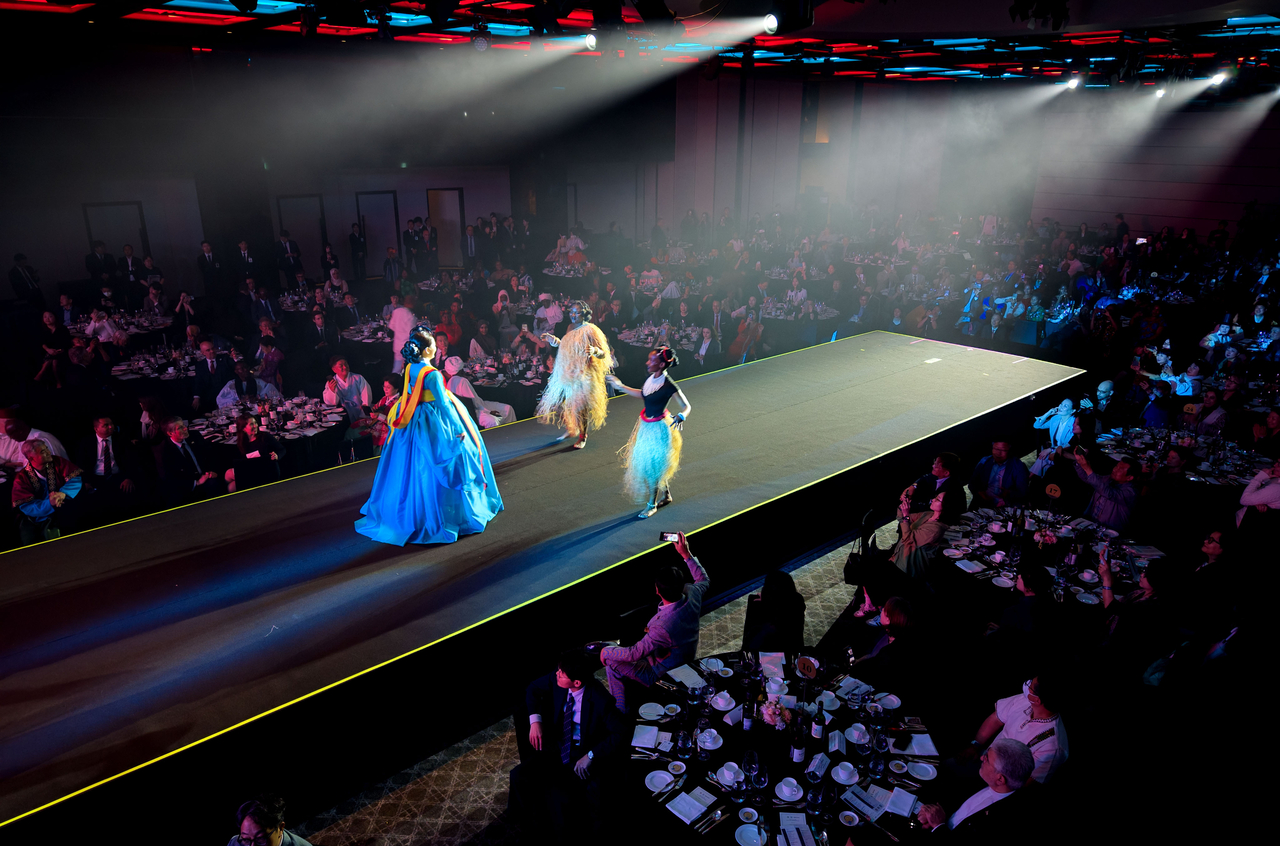 Models wear traditional Korean and African attire during a fashion show at Africa Day 2026, held at the Grand Hyatt in Seoul on Wednesday. (Im Se-jun/The Korea Herald)