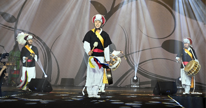 Samulnori musicians perform at Africa Day 2026 at the Grand Hyatt in Seoul on Wednesday. (Lee Sang-sub/The Korea Herald)