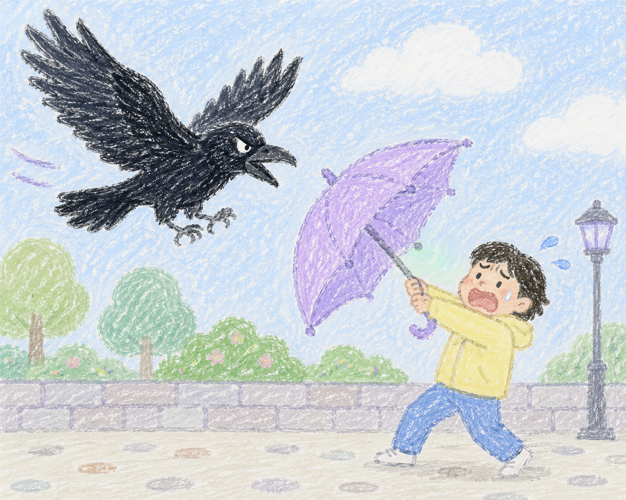 Artificial intelligence-generated illustration of a crow attacking a human (ChatGPT)